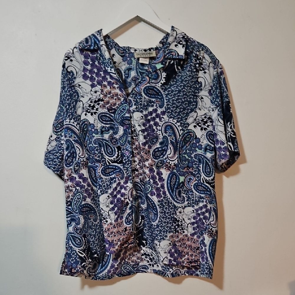 DONNKENNY Women's Blue Paisley Button Down Shirt 2X